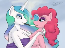 Size: 2280x1684 | Tagged: anthro, artist:xyuu-chan, breasts, busty princess celestia, cigarette, cigarette kiss, cleavage, derpibooru import, female, lesbian, nudity, pinkielestia, pinkie pie, princess celestia, shipping, smoking, suggestive