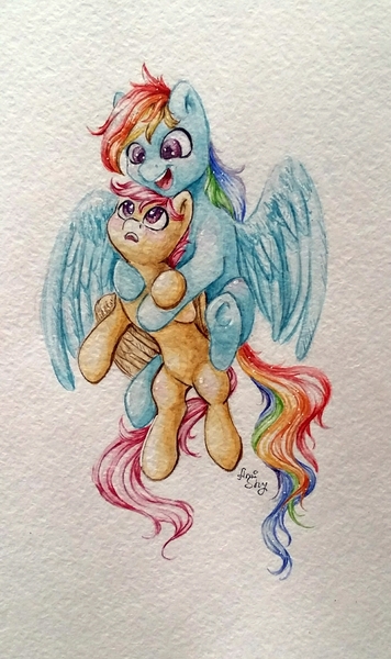 Size: 1391x2345 | Tagged: safe, artist:amishy, derpibooru import, rainbow dash, scootaloo, pony, holding a pony, scootalove, traditional art