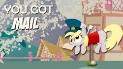 Size: 1920x1080 | Tagged: safe, artist:templarhappy, artist:tim015, derpibooru import, derpy hooves, pony, derpy inside a mailbox, hat, letter, mailbox, mailmare, mouth hold, ponyville, silly, silly pony, vector, wallpaper