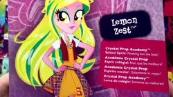 Size: 1366x768 | Tagged: safe, derpibooru import, lemon zest, equestria girls, friendship games, box art, clothes, crystal prep academy, crystal prep shadowbolts, doll, english, french, school spirit, skirt, solo, spanish, text