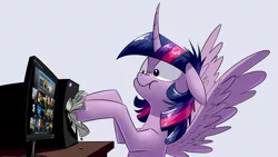 Size: 1920x1080 | Tagged: safe, derpibooru import, twilight sparkle, twilight sparkle (alicorn), alicorn, pony, derpin daily, :t, computer, derp, female, floppy ears, mare, messy mane, money, nose wrinkle, scrunchy face, shut up and take my money, silly, silly pony, simple background, solo, spread wings, steam (software), steam sale, steam summer sale, twilight snapple, wide eyes, wingboner, wings