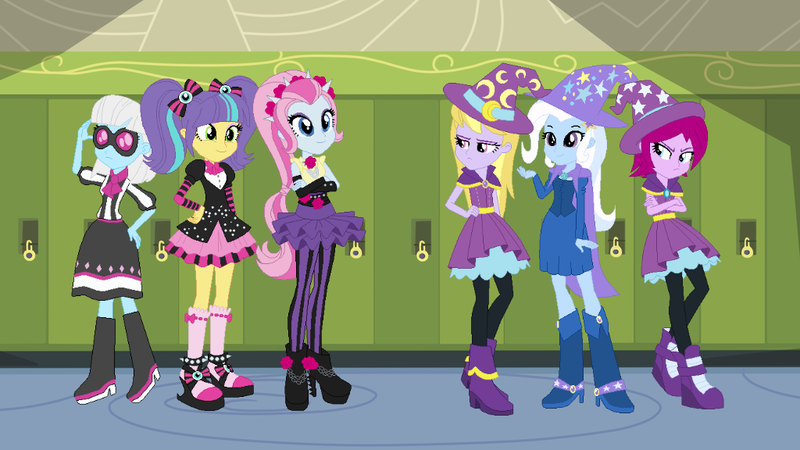 Size: 1024x576 | Tagged: safe, artist:3d4d, derpibooru import, fuchsia blush, lavender lace, photo finish, pixel pizazz, trixie, violet blurr, equestria girls, rainbow rocks, background human, female, the snapshots, trixie and the illusions