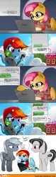 Size: 787x2502 | Tagged: anatomically incorrect, artist:supermare, beanie, clothes, comic, computer, delsin rowe, derpibooru import, eugene sims, fluttershy, glasses, hat, incorrect leg anatomy, infamous, infamous second son, laptop computer, mobile phone, oc, phone, playstation 4, rainbow dash, safe