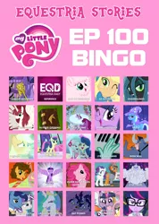 Size: 3000x4218 | Tagged: safe, artist:estories, derpibooru import, edit, edited screencap, screencap, applejack, berry punch, berryshine, bon bon, cheese sandwich, iron will, lemon hearts, night light, pinkie pie, princess celestia, queen chrysalis, rainbowshine, rarity, sci-twi, star swirl the bearded, sunshower raindrops, sweetie drops, trixie, twilight sparkle, twilight sparkle (alicorn), twilight velvet, oc, oc:fausticorn, oc:fluffle puff, bat pony, equestria daily, equestria girls, slice of life (episode), bingo, episode 100, my little pony logo, tongue out, twilight scepter