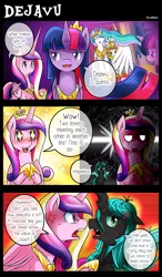 Size: 1500x2562 | Tagged: safe, artist:vavacung, derpibooru import, princess cadance, queen chrysalis, twilight sparkle, twilight sparkle (alicorn), oc, oc:paper mache, alicorn, pony, comic:to love alicorn, comic, female, mare