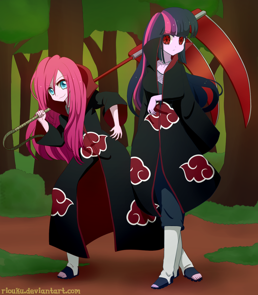 Size: 1224x1400 | Tagged: safe, artist:riouku, derpibooru import, pinkie pie, twilight sparkle, human, adoracreepy, akatsuki, anime, beautiful, creepy, crossover, cute, frown, hidan, humanized, looking at you, naruto, naruto hurricane chronicles, naruto shippuuden, pinkamena diane pie, scythe, sharingan, smiling, style emulation, uchiha itachi, wingding eyes