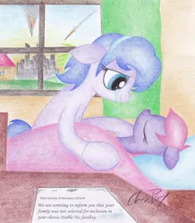 Size: 1024x1175 | Tagged: artist:thechrispony, balefire bomb, crying, derpibooru import, fallout equestria, grammar error, imminent death, oc, sad, safe, sleeping, traditional art, unofficial characters only