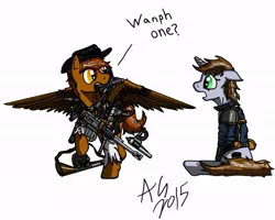 Size: 640x511 | Tagged: artist needed, source needed, safe, derpibooru import, oc, oc:calamity, oc:littlepip, unofficial characters only, pegasus, pony, unicorn, fallout equestria, fanfic, clothes, comic, fanfic art, female, floppy ears, fluttershy medical saddlebag, gasp, gun, handgun, hooves, horn, loot, mare, medical saddlebag, more dakka, mouth hold, open mouth, pipbuck, revolver, saddle bag, signature, simple background, sitting, spread wings, talking with your mouth full, vault suit, weapon, white background, wings