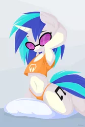 Size: 1280x1920 | Tagged: suggestive, artist:hoverrover, derpibooru import, vinyl scratch, pony, semi-anthro, unicorn, arm hooves, armpits, belly button, breasts, clothes, cutie mark, delicious flat chest, ear fluff, female, hooves, horn, lineless, mare, orange underwear, panties, solo, sunglasses, tanktop, teeth, underwear