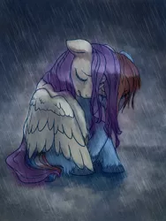 Size: 2250x3000 | Tagged: safe, artist:gem-magic, derpibooru import, fluttershy, rainbow dash, crying, female, flutterdash, hug, lesbian, rain, sad, shipping, winghug