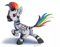 Size: 1500x1178 | Tagged: safe, artist:saine grey, derpibooru import, rainbow dash, pegasus, zebra, zebrasus, colored, image, looking back, mohawk, png, simple background, solo, species swap, transformation, white background, zebrafied