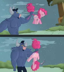 Size: 1152x1296 | Tagged: suggestive, artist:mfmk, deleted from derpibooru, derpibooru import, iron will, pinkie pie, earth pony, pony, putting your hoof down, comic, dialogue, explicit source, female, hung upside down, image, male, mare, parody, png, restrained, scene parody, tail, tail pull, upside down, vulvar winking