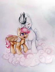 Size: 1280x1691 | Tagged: safe, artist:amishy, derpibooru import, rumble, scootaloo, blushing, cloud, cute, female, hug, male, rumbloo, shipping, smiling, straight, traditional art, watercolor painting