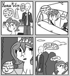 Size: 1073x1165 | Tagged: safe, artist:tjpones, derpibooru import, oc, oc:brownie bun, oc:richard, unofficial characters only, horse wife, arrow, blood donation, car, comic, monochrome, property damage, rude