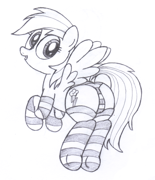 Size: 2090x2414 | Tagged: artist:an-tonio, clothes, derpibooru import, female, monochrome, panties, plot, rainbow dash, socks, solo, solo female, striped socks, striped underwear, suggestive, traditional art, underwear