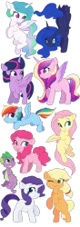 Size: 1024x2901 | Tagged: safe, artist:rue-willings, derpibooru import, applejack, fluttershy, pinkie pie, princess cadance, princess celestia, princess luna, rainbow dash, rarity, spike, twilight sparkle, twilight sparkle (alicorn), alicorn, dragon, pony, alicorn tetrarchy, colored pupils, cute, eye clipping through hair, female, mane seven, mane six, mare, missing cutie mark