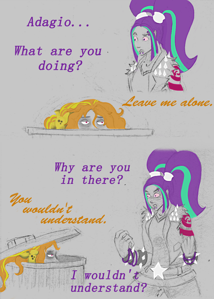 Size: 800x1117 | Tagged: semi-grimdark, artist:madness-with-reason, derpibooru import, adagio dazzle, aria blaze, equestria girls, aria-blazin-it, comic, garbagio, mixed media, trash can