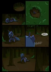 Size: 1240x1754 | Tagged: artist:lunarcakez, comic, comic:the origins of hollow shades, derpibooru import, filly, forest, injured, princess luna, safe, woona, younger