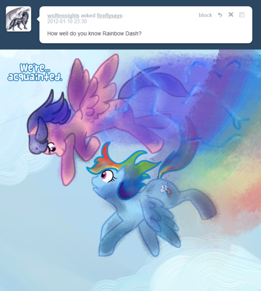 Size: 662x740 | Tagged: safe, artist:prismaya, derpibooru import, firefly, rainbow dash, pegasus, pony, ask, duo, female, firefly says, flying, g1, g1 to g4, g4, generation leap, mare, rainbow trail, speed trail, tumblr