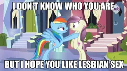 Size: 886x500 | Tagged: suggestive, derpibooru import, edit, edited screencap, screencap, fleur de verre, rainbow dash, crystal pony, pony, bedroom eyes, caption, female, hub logo, hubble, image macro, implied sex, lesbian, meme, out of context, shipping, the hub, verredash