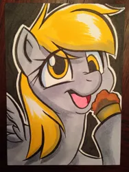 Size: 1024x1365 | Tagged: safe, artist:joshuadraws, derpibooru import, derpy hooves, pegasus, pony, female, mare, muffin, solo, traditional art