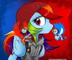 Size: 1181x984 | Tagged: artist:supermare, beanie, clothes, crossover, delsin rowe, derpibooru import, evil karma, good karma, hat, hoodie, infamous, infamous second son, karma, rainbow dash, safe