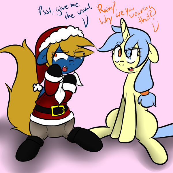 Size: 1200x1200 | Tagged: artist:fullmetalpikmin, clothes, derpibooru import, hat, oc, oc:rainy season, oc:viewing pleasure, safe, santa costume, santa hat, tumblr:ask viewing pleasure, unofficial characters only