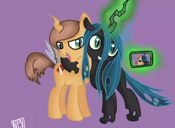 Size: 900x661 | Tagged: safe, artist:nevera573, derpibooru import, queen chrysalis, oc, oc:poisoned soul, changeling, changeling queen, nymph, camera, camera shot, canon x oc, chrysalislover, cute, cutealis, female, filly, glowing horn, magic, ocbetes, purple background, selfie, shipping, side hug, signature, simple background, telekinesis, younger