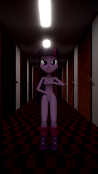 Size: 1080x1920 | Tagged: questionable, artist:creatorofpony, artist:shiningarmorboy01, derpibooru import, twilight sparkle, equestria girls, 3d, blender, corridor, covering, dark, embarrassed, embarrassed nude exposure, female, locked out, locked out naked, nudity, shoes only, solo, solo female, strip poker