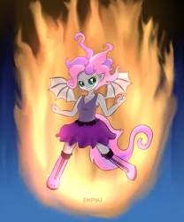 Size: 833x1000 | Tagged: safe, artist:empyu, derpibooru import, sweetie belle, demon, equestria girls, 30 minute art challenge, boots, clothes, corrupted, fire, solo