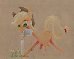 Size: 640x511 | Tagged: safe, artist:getchanoodlewet, derpibooru import, applejack, flower, mouth hold, solo, traditional art, water, watering can
