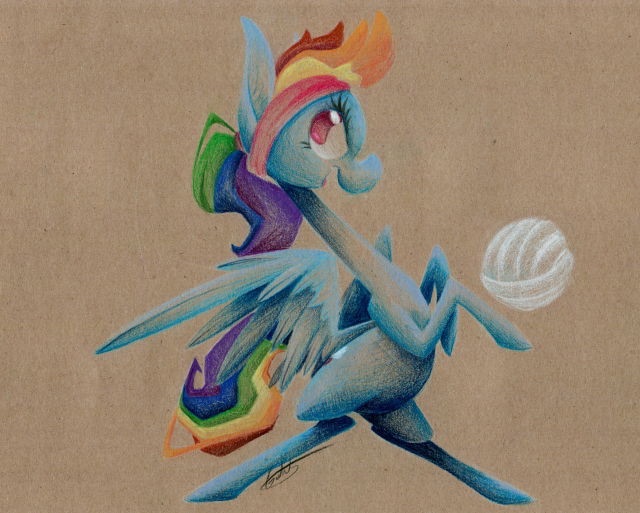 Size: 640x513 | Tagged: safe, artist:getchanoodlewet, derpibooru import, rainbow dash, pegasus, pony, ball, bipedal, female, headband, mare, open mouth, signature, simple background, solo, sports, traditional art, volleyball