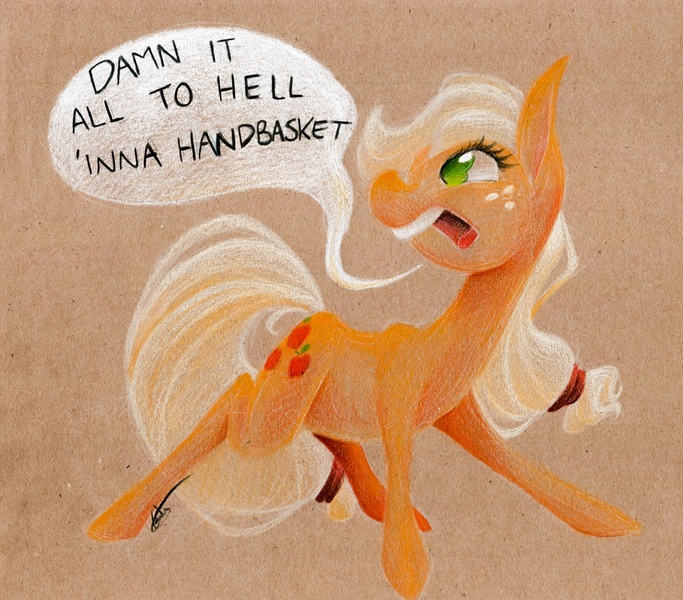 Size: 5862x5152 | Tagged: safe, artist:getchanoodlewet, derpibooru import, applejack, absurd resolution, angry, dialogue, hatless, missing accessory, solo, swearing, traditional art, vulgar