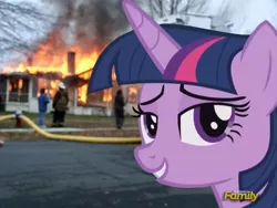 Size: 600x450 | Tagged: safe, derpibooru import, edit, twilight sparkle, twilight sparkle (alicorn), alicorn, pony, close-up, disaster girl, disaster sparkle, discovery family logo, fake screencap, fire, irl, photo, pure unfiltered evil