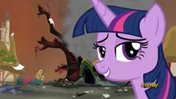 Size: 1280x720 | Tagged: safe, derpibooru import, edit, twilight sparkle, twilight sparkle (alicorn), alicorn, pony, bedroom eyes, disaster girl, disaster sparkle, grin, irony, looking at you, out of character, pure unfiltered evil, smiling, you monster