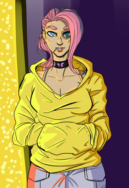 Size: 740x1079 | Tagged: artist:thedeepestking, clothes, collar, derpibooru import, fluttershy, hoodie, human, humanized, piercing, safe, solo, toothpick