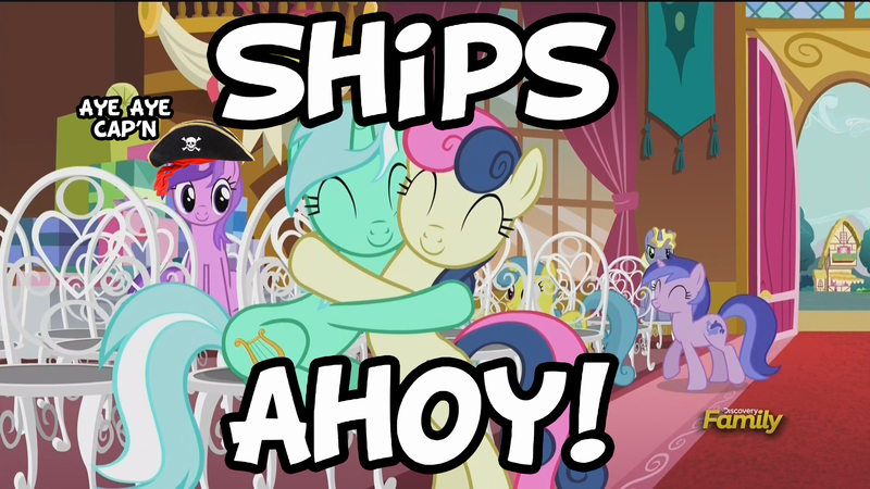 Size: 1920x1080 | Tagged: safe, derpibooru import, edit, edited screencap, screencap, amethyst star, bon bon, lemon hearts, lyra heartstrings, ponet, sea swirl, seafoam, sweetie drops, slice of life (episode), discovery family logo, female, hat, hug, image macro, lesbian, lyrabon, meme, pirate, pirate hat, shipper on deck, shipping