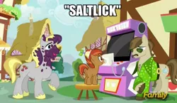 Size: 1294x749 | Tagged: safe, derpibooru import, screencap, button mash, dance fever, hugh jelly, earth pony, pony, slice of life (episode), arcade, arcade game, arcade machine, belt, caption, chest fluff, chest hair, clothes, colt, english, food, glasses, hat, image macro, jelly, licking, liquid button, machine, male, meme, messy, not creepy, outdoors, raised leg, salt, salt lick, shirt, smiling, stallion, standing, stool, sunglasses, the perfect stallion, tongue out, trio, video game, wat, written equestrian