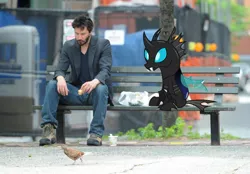 Size: 1024x711 | Tagged: bench, bird, changeling, derpibooru import, edit, human, irl, irl human, keanu reeves, kevin (changeling), photo, ponies in real life, sad keanu, safe, slice of life (episode)