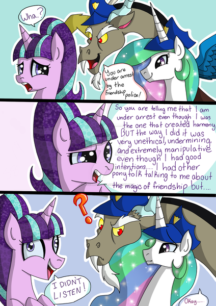 Size: 1024x1449 | Tagged: arrested, artist:alia-star, clothes, comic, criminal scum, derpibooru import, dialogue, discop, discord, exploitable meme, friendship police, hat, i didn't listen, insanity, meme, okay, police, princess arrestia, princess celestia, question mark, safe, starlight glimmer, uniform, wat