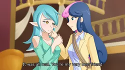 Size: 1280x721 | Tagged: artist:jonfawkes, bon bon, cleavage, derpibooru import, elf ears, female, human, humanized, just friends, lyra heartstrings, rope, safe, scene interpretation, slice of life (episode), sweetie drops, unicorns as elves