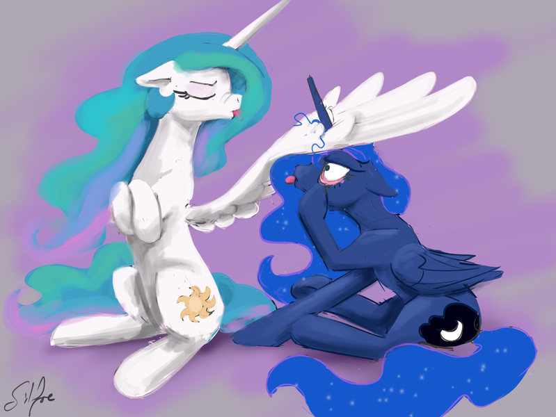Size: 2664x2000 | Tagged: safe, artist:silfoe, derpibooru import, princess celestia, princess luna, royal sketchbook, slice of life (episode), :p, akanbe, crossed hooves, cute, eyelid, eyelid pull, eyes closed, floppy ears, horn, horn impalement, majestic as fuck, making faces, missing accessory, nose wrinkle, raspberry, sibling rivalry, sibling teasing, siblings, sitting, taunt, tongue out