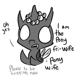 Size: 726x726 | Tagged: safe, artist:tjpones, derpibooru import, oc, oc:pistachio, unofficial characters only, changeling, disguise, engrish, monochrome, open mouth, pearl, solo