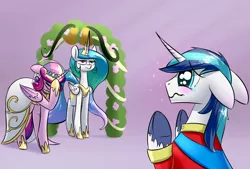 Size: 1748x1181 | Tagged: safe, derpibooru import, princess cadance, princess celestia, shining armor, alicorn, pony, unicorn, a canterlot wedding, cadance is not amused, celestia is not amused, clothes, crying, dilated pupils, dress, facehoof, female, floppy ears, frown, male, shining adorable, shiningcadance, shipping, sparkles, straight, unamused, wavy mouth, wedding, wedding dress