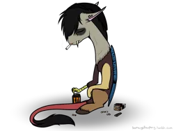 Size: 1024x768 | Tagged: artist:suenden-hund, askemodiscord, cigarette, derpibooru import, discord, emo, energy drink, lighter, monster energy, safe, sitting, smoking, solo