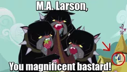 Size: 640x360 | Tagged: bon bon, caption, cerberus, cerberus (character), collar, derpibooru import, dog, dog collar, drool, edit, edited screencap, hilarious in hindsight, image macro, it's about time, larson you magnificent bastard, m.a. larson, meme, mind blown, multiple heads, safe, screencap, secret agent sweetie drops, slice of life (episode), spiked collar, sweetie drops, tartarus, three heads, vulgar