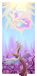 Size: 679x1400 | Tagged: safe, artist:celestiathegreatest, derpibooru import, discord, princess celestia, dislestia, eyes closed, female, flying, male, raised hoof, shipping, spread wings, straight