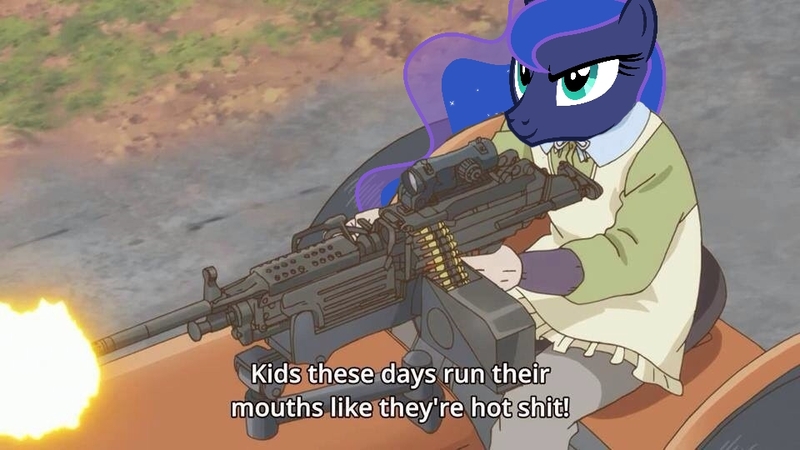 Size: 960x540 | Tagged: anime, derpibooru import, edit, gun, m249, machine gun, princess luna, sabagebu, safe, solo, vulgar, weapon