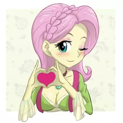 Size: 800x800 | Tagged: suggestive, artist:ta-na, derpibooru import, fluttershy, equestria girls, friendship through the ages, rainbow rocks, adorasexy, blushing, breasts, busty fluttershy, cleavage, cute, female, folk fluttershy, heart, heart hands, moe moe kyun, sexy, solo, solo female, wink