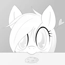 Size: 1024x1024 | Tagged: artist:randy, aryanbetes, black and white, cookie, cookie monster, cookie thief, cute, derpibooru import, drool, face, grayscale, heart, looking at you, monochrome, nom, oc, oc:aryanne, orange, safe, smiling, solo, table, unofficial characters only